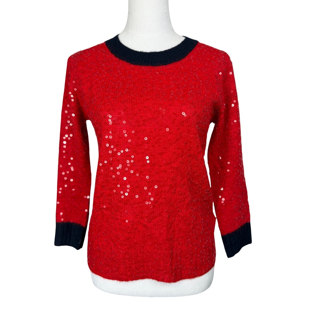 J.Crew Women Wool Mohair Sweater S Red Sequin Navy Trim Crewneck 29947